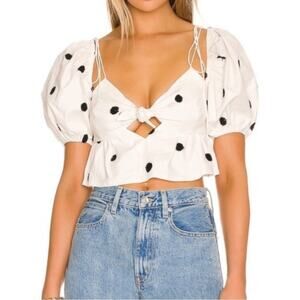 For Love & Lemons White Black Polka Dot Crop Blouse Womens S Puff Sleeve Top